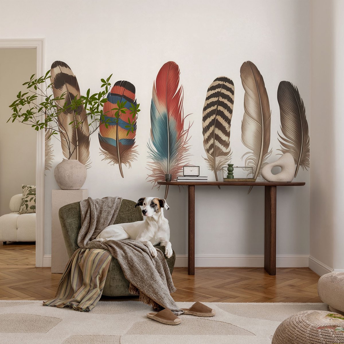 Coloray Vliesbehang - Bruin Snellijm Behang - 104x70 cm - Kleurrijke Veren Fotobehang Vlies - Woonkamer behang Abstractie - Muurschildering - Woonkamer behang