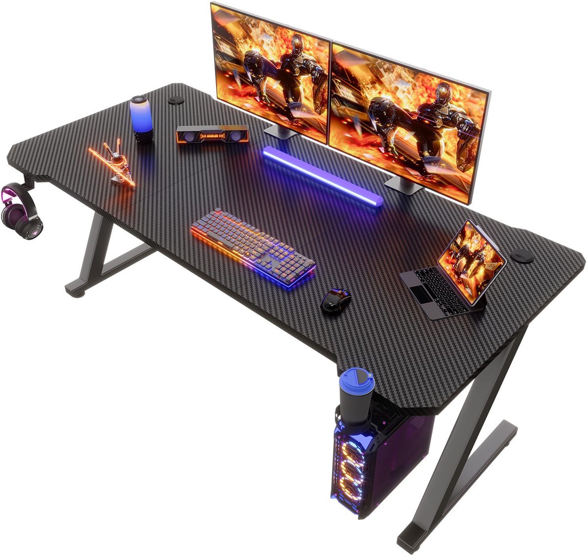 Devoko Gamingbureau 140*55 cm Breed – Carbonlook Bureau met Z-vormig Stalen Frame – Draagvermogen 80 kg – Koptelefoonhaak en Kabeldoorvoeren – Zwart