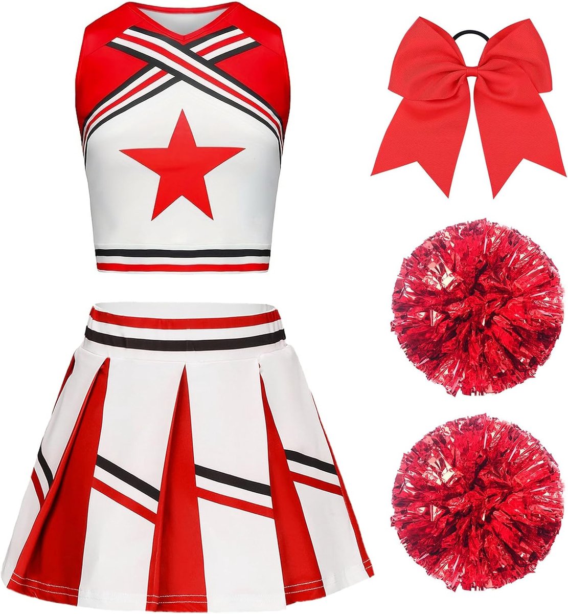 Cheerleader-kostuum voor kinderen, cheerleader-kostuum, jurk voor meisjes, cheeruniform met pompons en hoofdtooi, cheerleader-outfit, voor carnaval, Halloween, carnaval