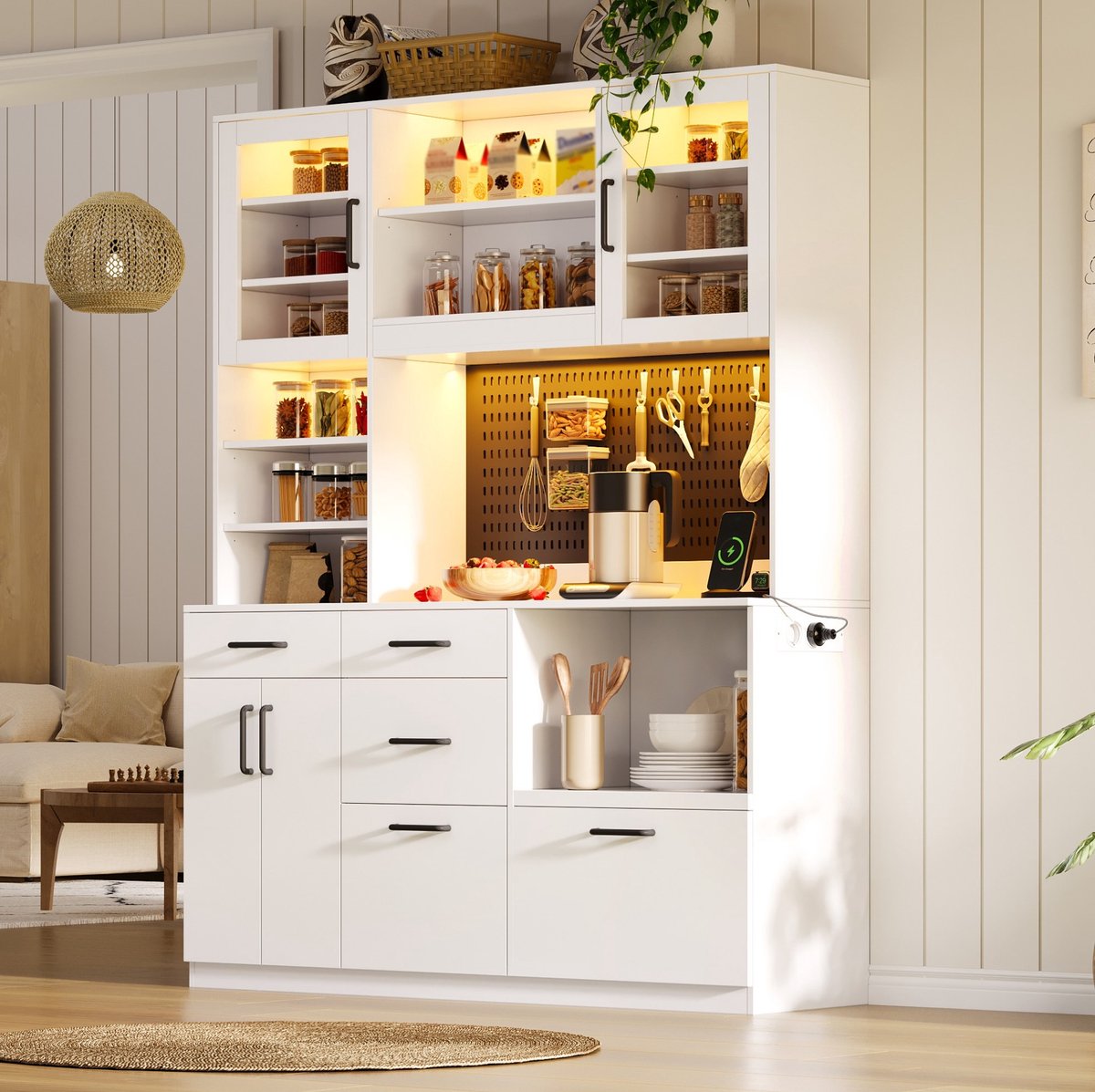 MODENUIT Keukenkast 145 x 40 x 185 cm - Werkblad, Led-Verlichting en Stopcontact - Keuken - MDF Wit