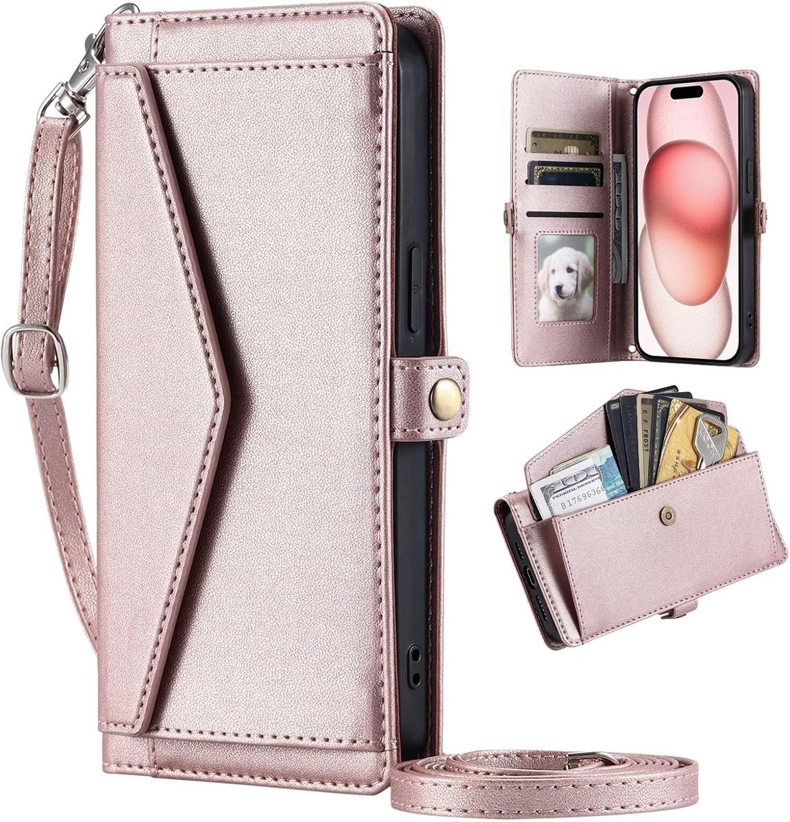 Portemonnee-hoesje voor Samsung Galaxy S25,magnetisch lederen klaphoesje met creditcardsleuven,metalen ring Beugel magnetische PU Lederen Telefoonhoesjes- Roze