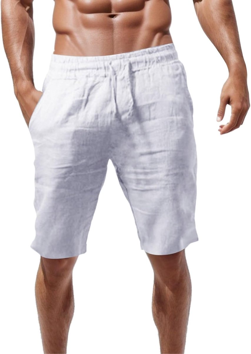 Linen bermuda voor heren, losvallende pasvorm, met koord, voor vakantie, strand en yoga.