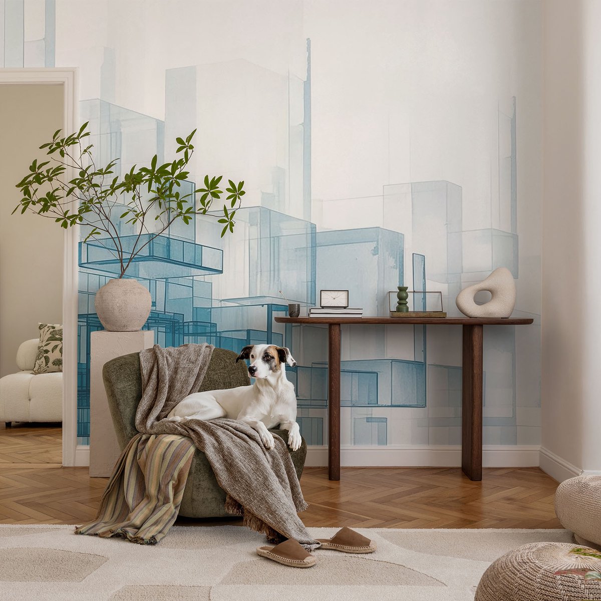 Coloray Vliesbehang - Wit Snellijm Behang - 104x70 cm - Transparante Kubussen Fotobehang Vlies - Hal behang Architectuur - Muurschildering - Hal behang