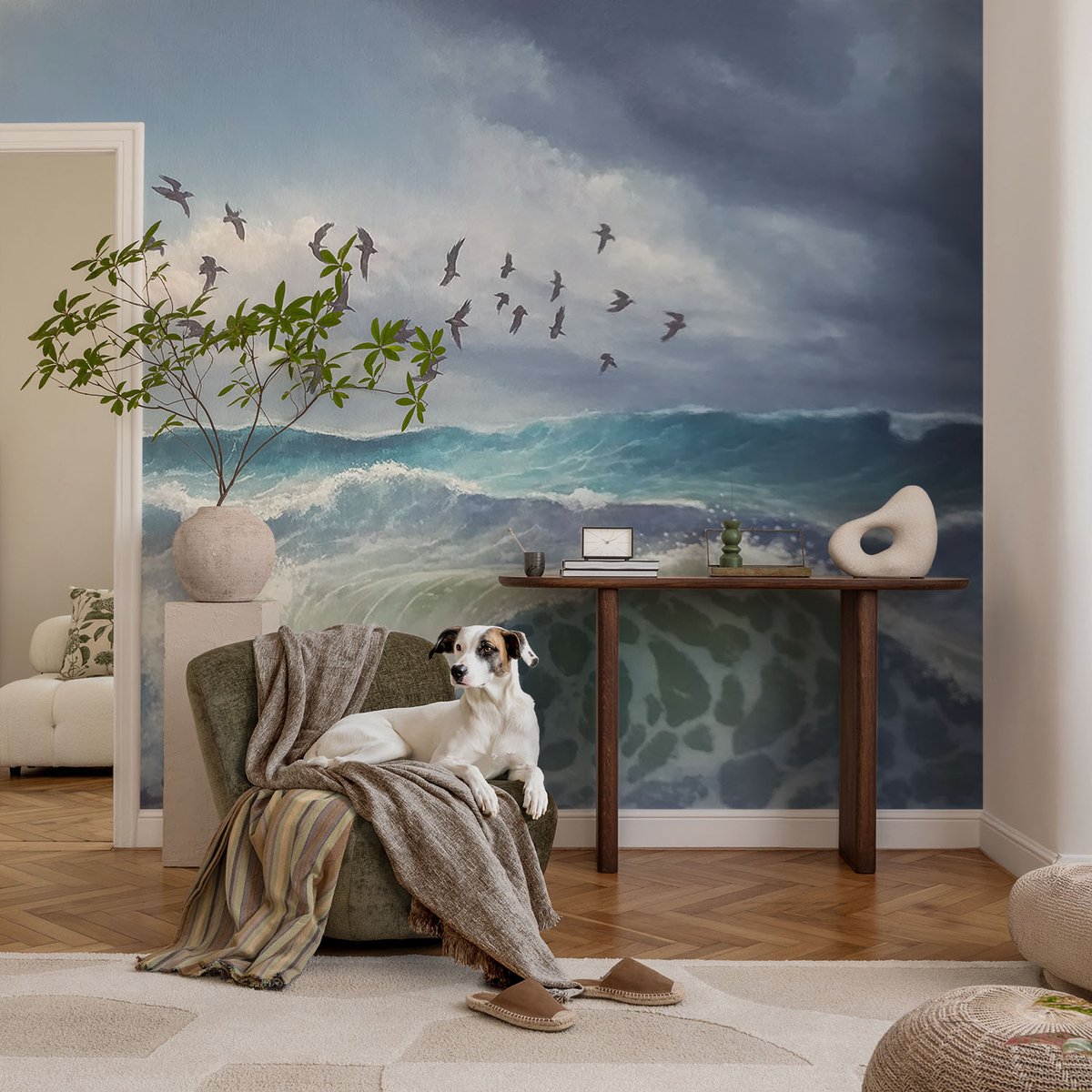 Coloray Vliesbehang - Blauw Snellijm Behang - 104x70 cm - Zeegolven Muurschildering - Gang behang Landschappen - Fotobehang Vlies - Slaapkamer behang