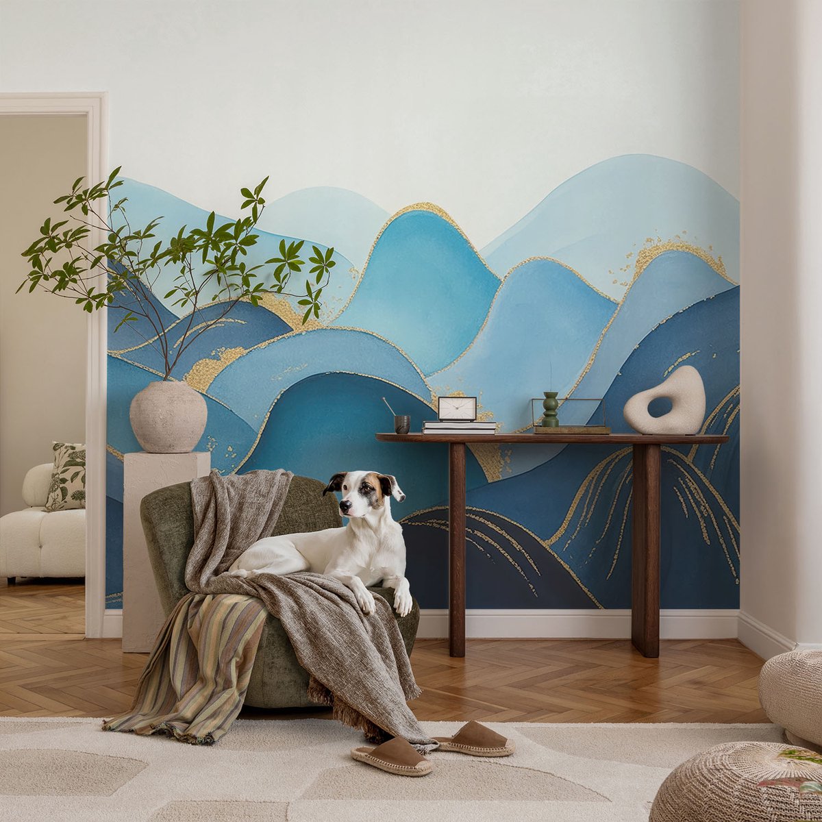 Coloray Vliesbehang - Blauw Snellijm Behang - 104x70 cm - Glooiend Landschap Muurschildering - Gang behang Abstractie - Fotobehang Vlies - Slaapkamer behang