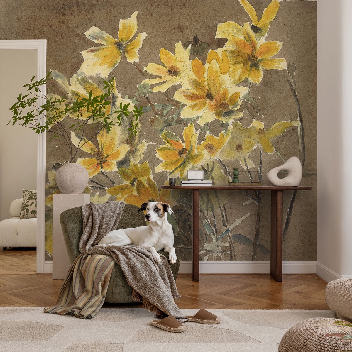 Coloray Vliesbehang - Bruin Snellijm Behang - 104x70 cm - Zonnig Boeket Muurschildering - Slaapkamer behang Bloemen En Planten - Fotobehang Vlies - Slaapkamer behang