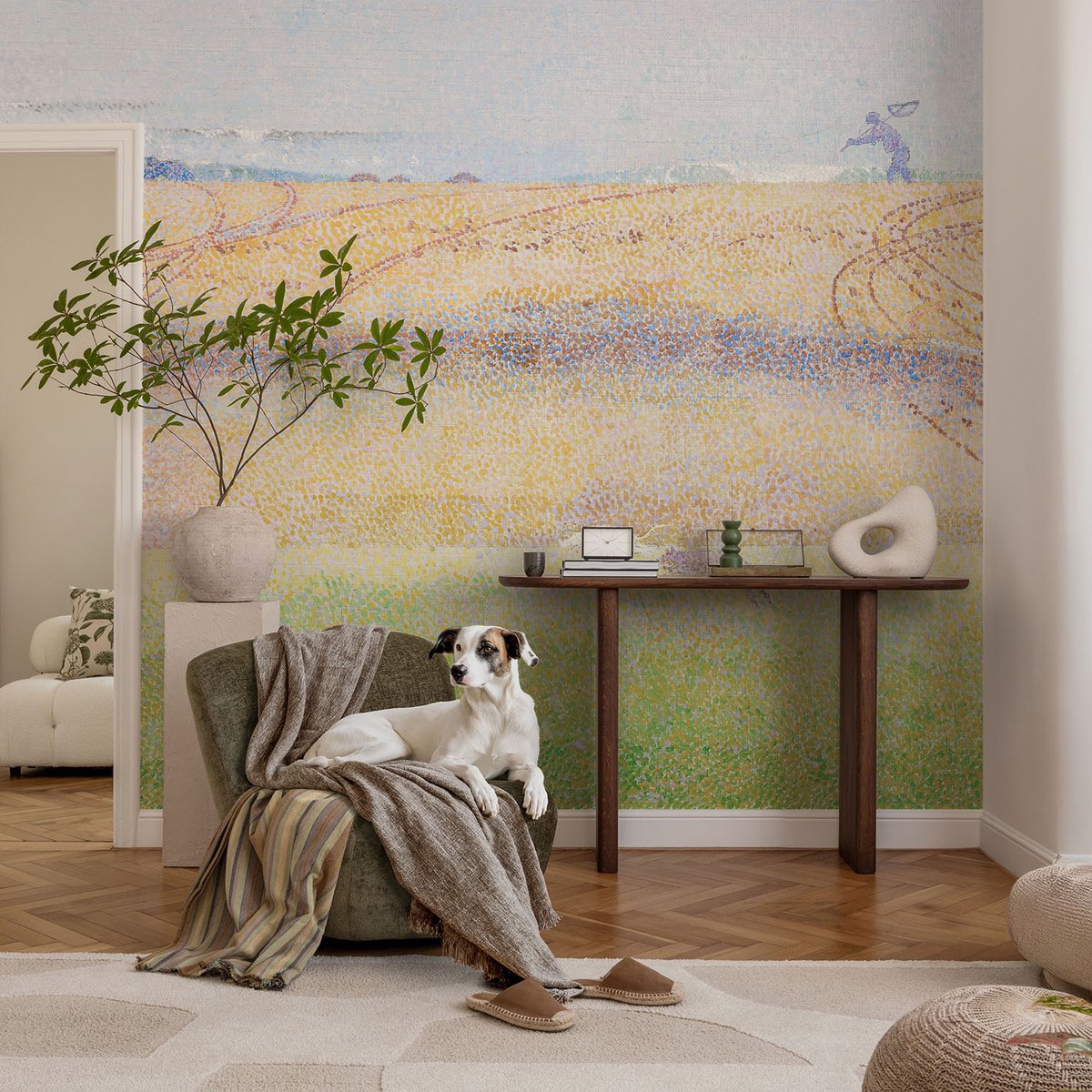 Coloray Vliesbehang - Grijs Snellijm Behang - 104x70 cm - Zomerveld Fotobehang Vlies - Woonkamer behang Landschappen - Muurschildering - Woonkamer behang