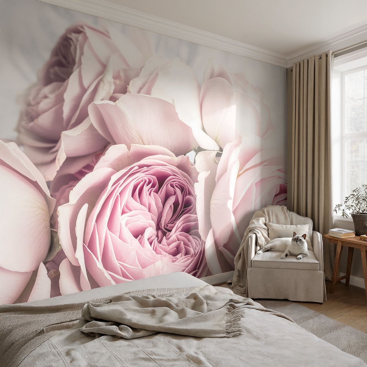 Coloray Vliesbehang - Roze Snellijm Behang - 104x70 cm - Roze Rozen Muurschildering - Gang behang Bloemen En Planten - Fotobehang Vlies - Gang behang