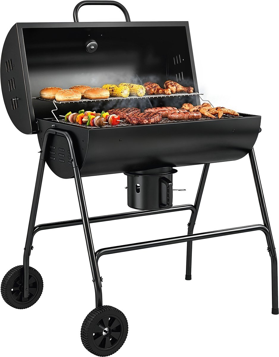 Metalen houtskoolgrill/barbecue met deksel-thermometer-wielen en onderstel-95x71,5x102 cm-zwart