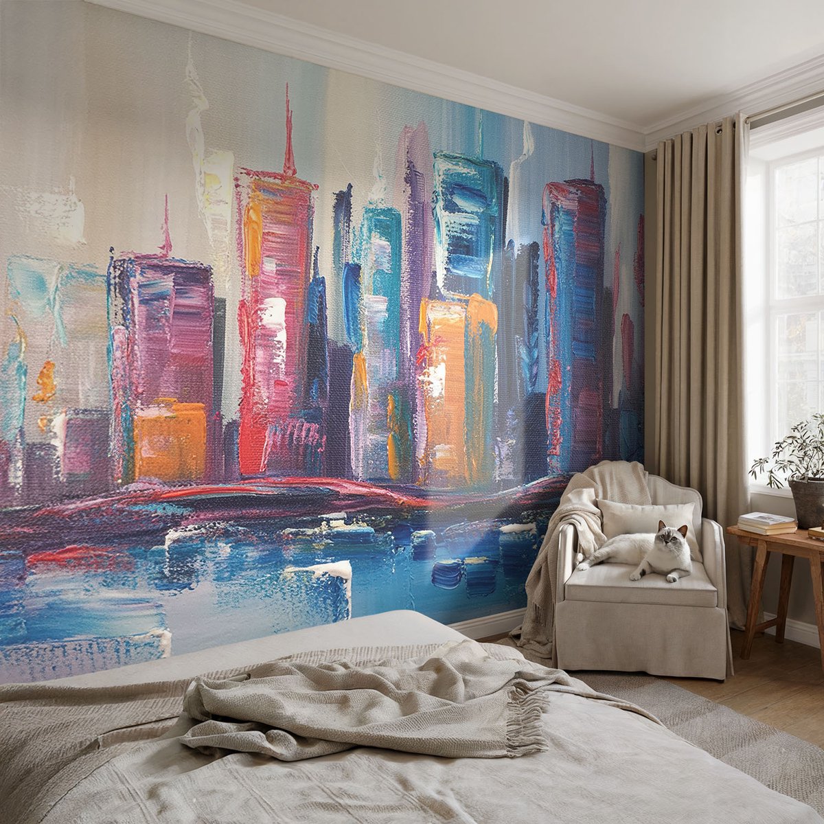 Coloray Vliesbehang - Blauw Snellijm Behang - 104x70 cm - Kleurrijke Stad Muurschildering - Slaapkamer behang Deel - Fotobehang Vlies - Slaapkamer behang