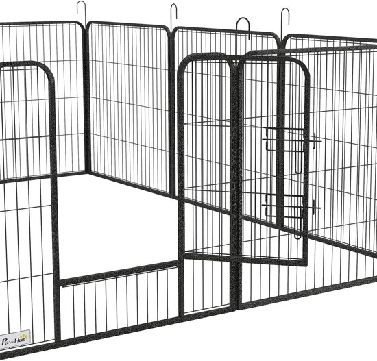 Grijze speelbox voor huisdieren, met een close-up op de scharnierende deuren en de poort.