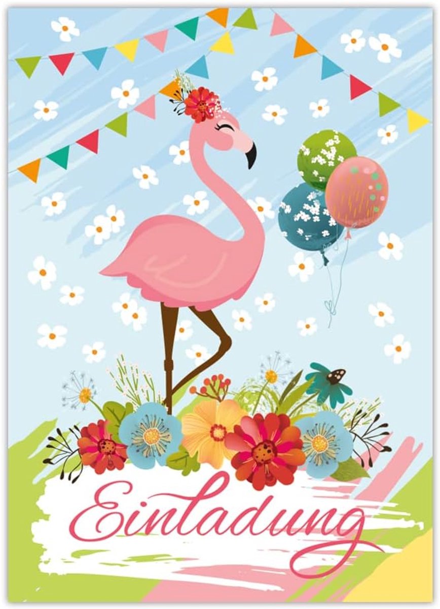 12 uitnodigingskaarten voor kinderverjaardag, flamingo