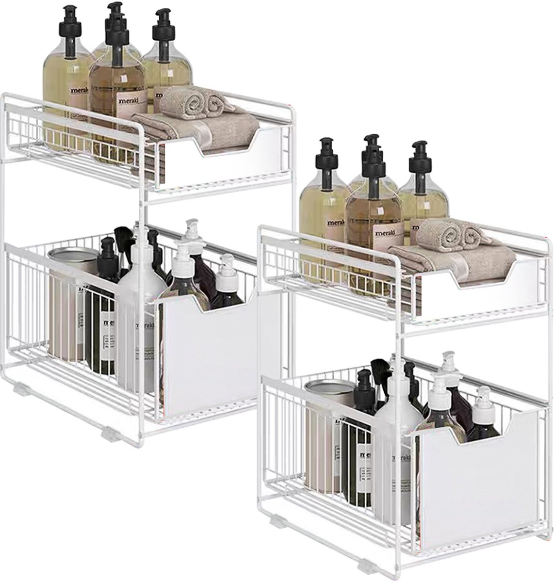 PIPIPOXER Gootsteenkast Organizer - Keukenkast organizer - Gootsteenrek – Dubbellaags Opbergrek – Schuiflades - Kast Aanrecht Organizer - Badkamer organizer- Uitschuifbaar - Wit