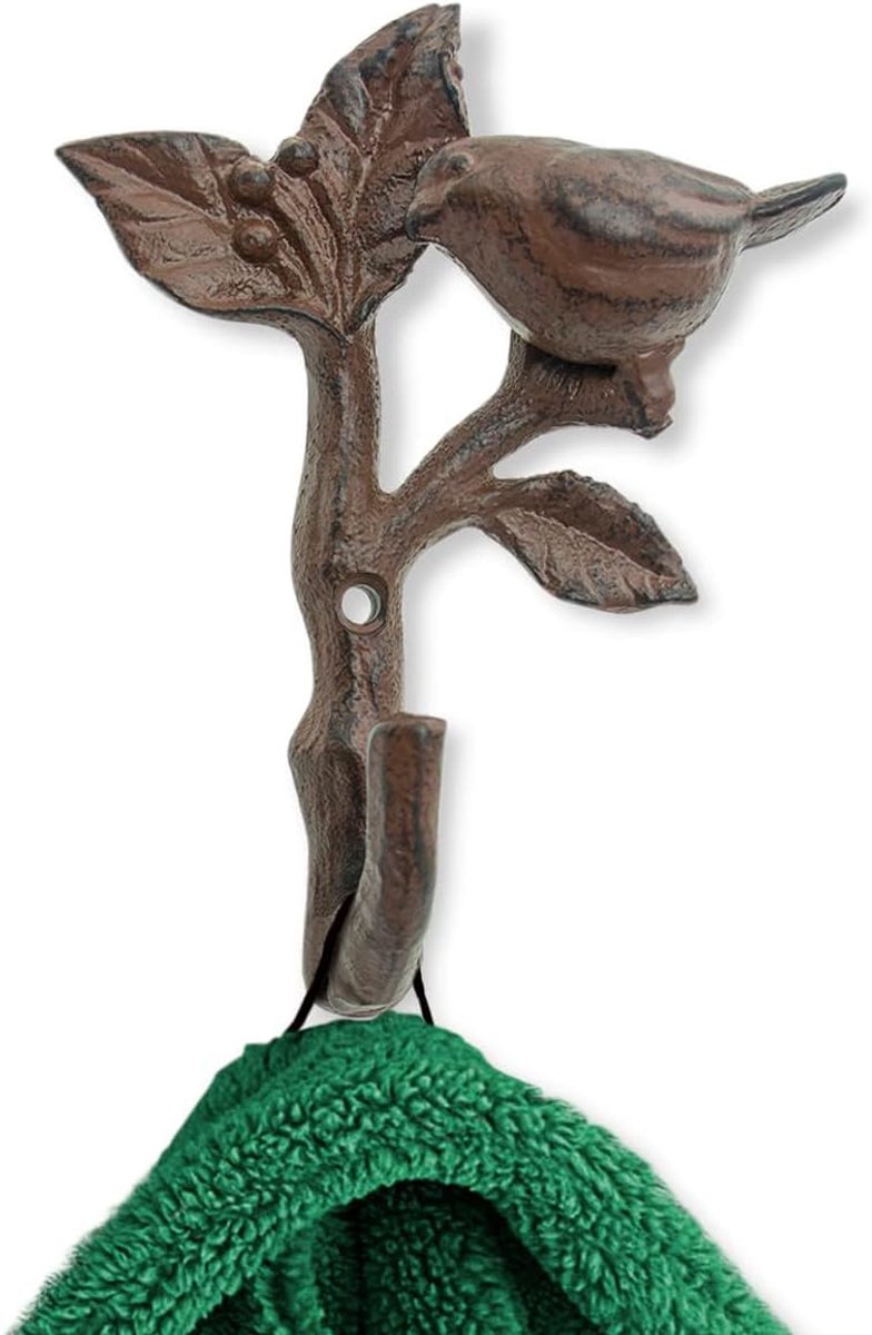 Bird On A Branch Enkele muurhaak/hanger - metaal, Heavy Duty, rustiek, vintage, gerecycled, decoratief cadeau-idee -12x4,5x15,3 cm - met schroeven en ankers (roestbruin)