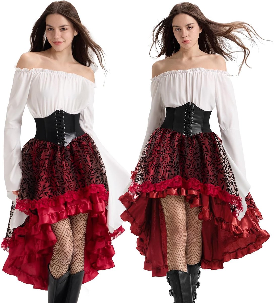 Middeleeuws piratenkostuum voor dames, middeleeuwse kleding voor dames, met off-shoulder blouse, piratenkorset, renaissance, Victoriaanse jurk voor carnaval, Halloween, cosplay
