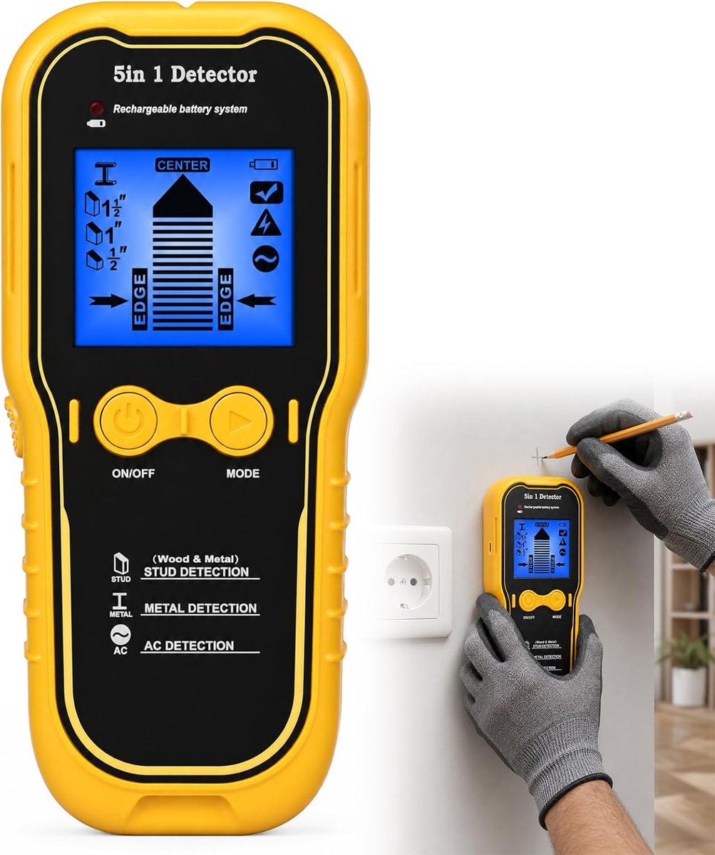 Finder Muurscanner 5-in-1 met 1200mAh batterij, LCD-display en audioalarm, muurscanner voor het detecteren van houten balken, wisselstroomkabels, metalen balken en vloerbalken