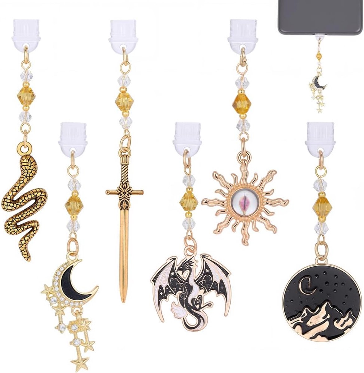6 stuks 6 stijlen type C stofplug charme voor Kindle gouden gothic stofplug met maan slang kruis zon draak hanger compatibel met Kindle e-reader telefoon voor boekenliefhebber lezers mannen