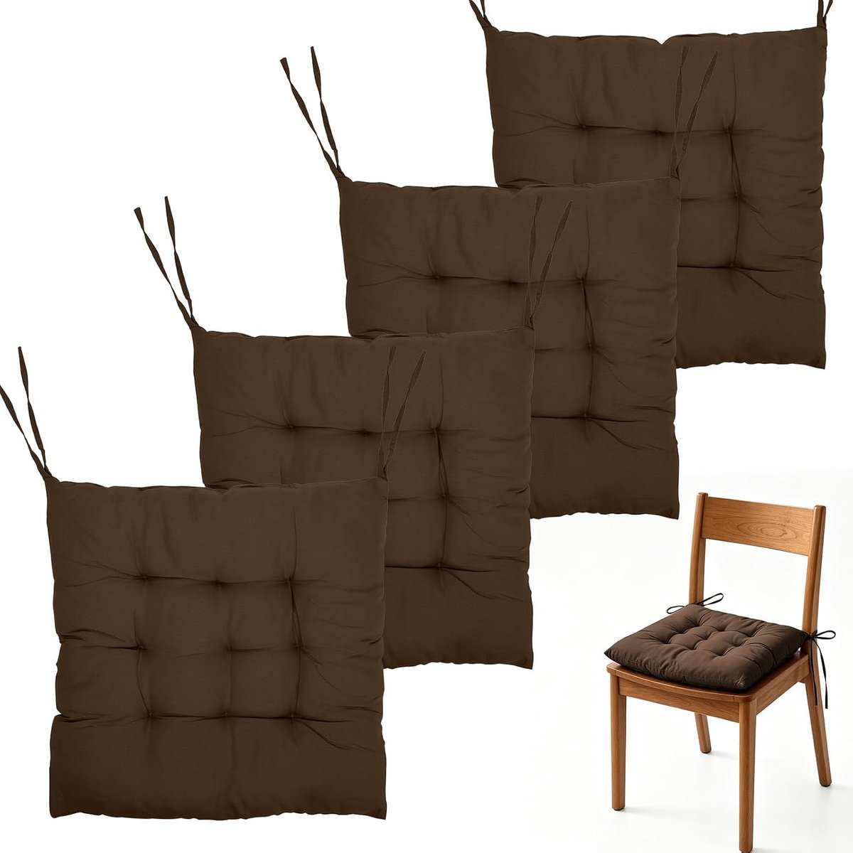 4 stuks zitkussens met linten, 40 x 40 cm stoelkussens, kussens voor tuinstoelen, stoelkussen voor binnen en buiten, zitkussen voor eetkamer, woonkamer (bruin)