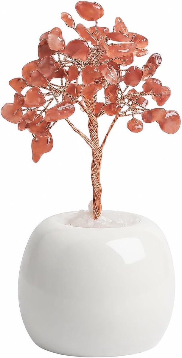 Kwartskristal Levensboom Ornament, Handgemaakte Kristallen Geluksboom met Witte Keramische Basis voor Huis- en Kantoordecoratie