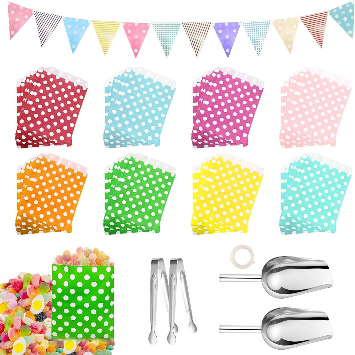 87 stuks Candy Bar accessoires golfpunten, bevat 80 stuks snoepzakjes, 2 suikertang, 2 ijsschepen en 1 slinger, Candybar accessoireset voor bruiloft, verjaardag en feest
