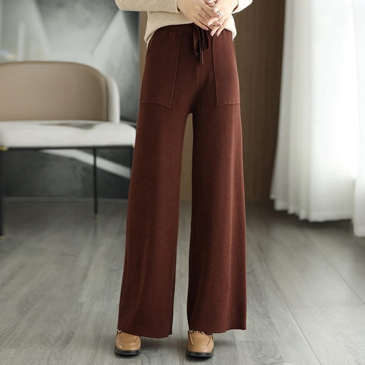 Kasjmier Broek - Herfst Winter Dames Rechte Pijpen Broeken Mode Gebreide Wijde Pijpen Broeken Met Zakken Warm Karamel Kleur Hoge Taille Dweilbroeken Elegant Kerstmis Nieuwjaar Geschenk,Carame