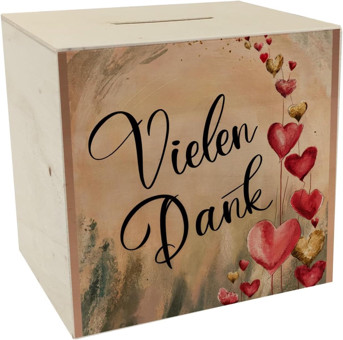 Bedankt met hartjes - Houten spaarpot met roze, rode en gouden hartjes, romantisch en vintage