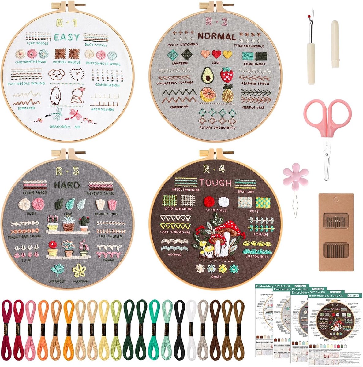 4pcs Borduursets voor Beginners, Borduurstarterkit voor Beginners en Volwassenen, Borduurset voor Volwassenen, Borduurgereedschap Beginners Borduurstarters