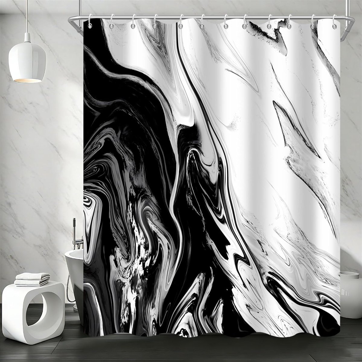Douchegordijn, 180 x 180 cm, zwart wit textuur inkt marmer moderne kunst waterdichte stof wasbaar in de wasmachine badkamergordijn met haken