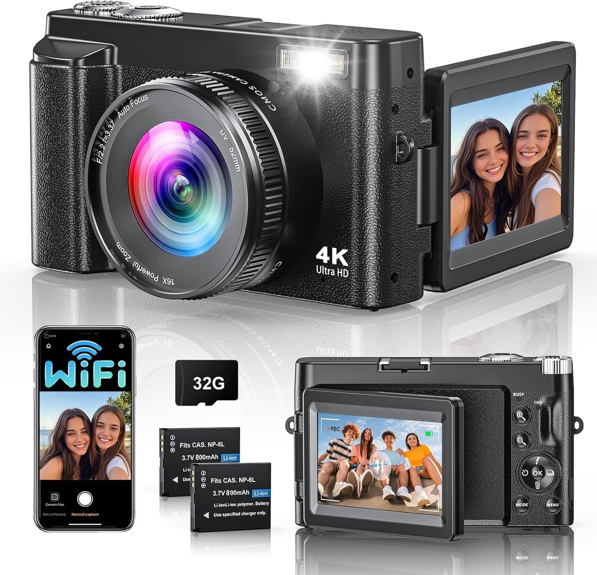 4K 64MP digitale camera met wifi, 16x digitale zoom, 180° flip screen autofocus, vlogging camera met selfie, wifi-compacte camera met 32 GB kaart, 2 batterijen voor beginners