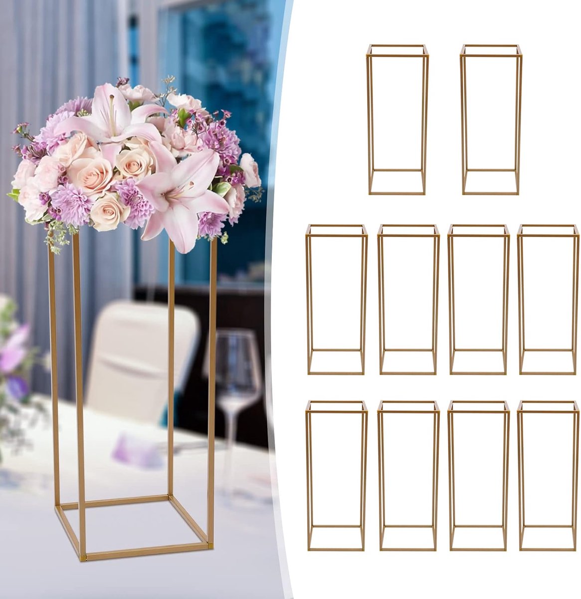 Bloemenstandaard voor bruiloft tafel middenstukken, gouden bruiloft bloemenstandaard, geometrische bloemenvaas standaard voor feest, evenementen, home deco (10 stuks / 80 cm/10 mm vierkante