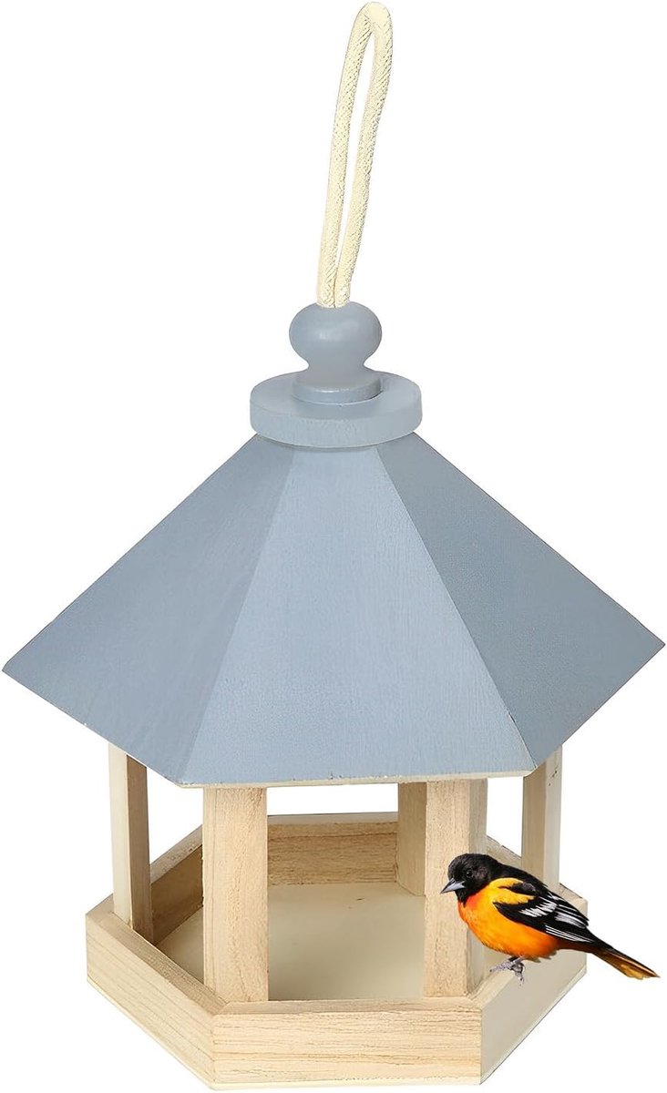 Vogelvoederdispenser met runddak, massief hout, kleine vogelvilla om op te hangen aan de muur of boom, buiten, balkon, tuin, hangende vogelhuisje, het hele jaar door, voedervoer voor wilde