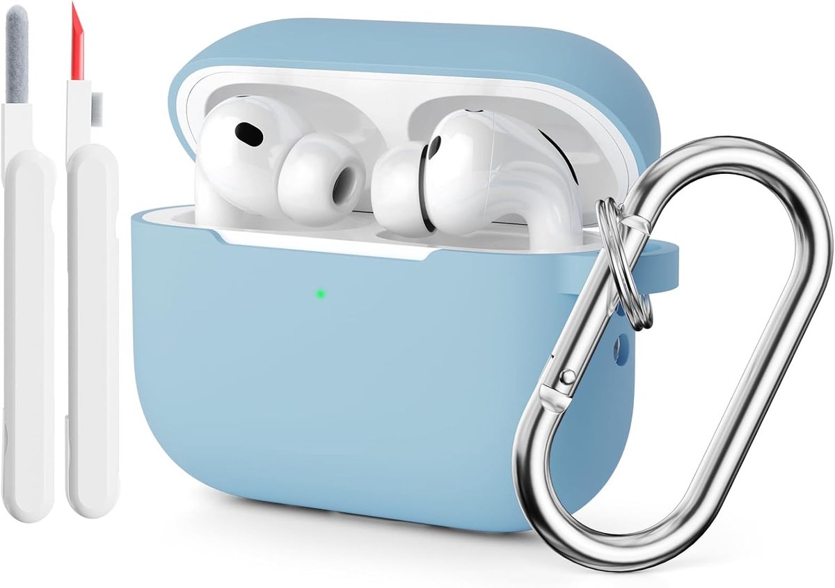Hoesje compatibel met AirPods Pro 3 (2025), beschermhoes voor AirPods Pro 3 generatie met reinigingsstift, stootvaste siliconen hoes kit en karabijnhaak (hemelsblauw)