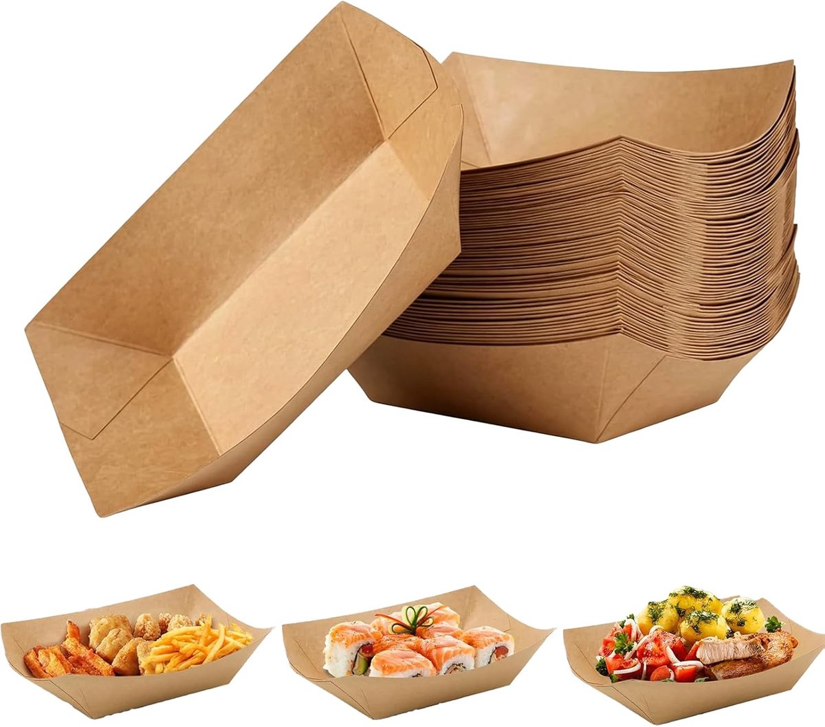 50 stuks kraftkarton schalen, frietschalen, curryworstschaal, kartonnen schaal, dipschalen, fingerfood kommen voor fingerfood, snacks, sushi, snacks, verjaardag, bruiloft, Pasen, feest, bruin