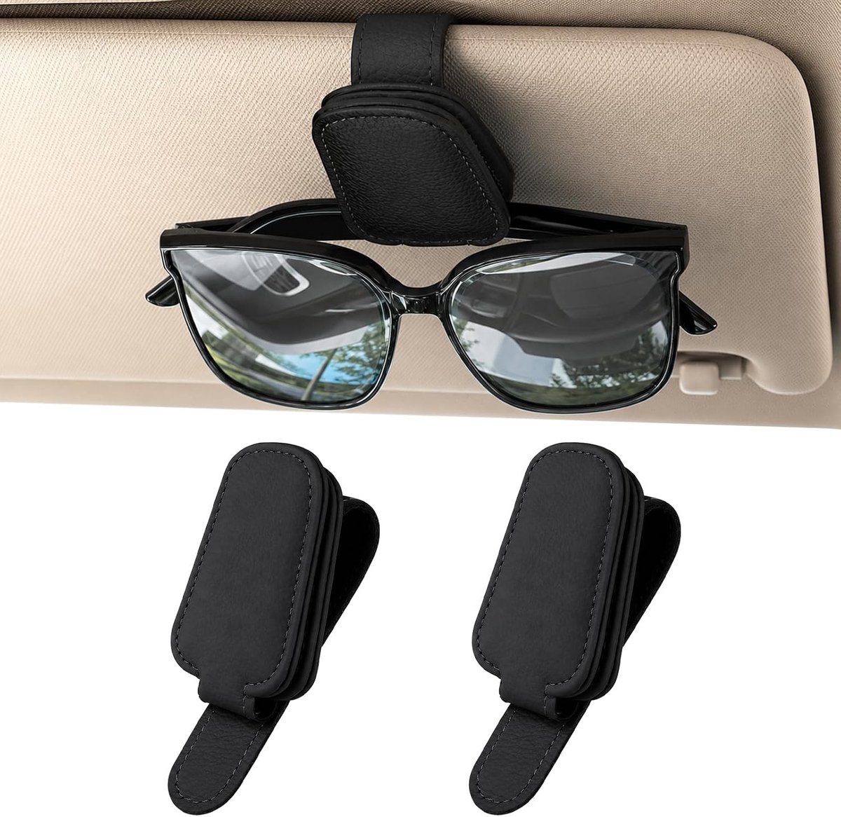 2 stuks brillenhouders voor autozonneklep, lederen zonnebrilhouder, magnetische autovizierbrilhouder voor alle soorten glazen, geschikt voor alle soorten glazen/ticket-kaarthouder