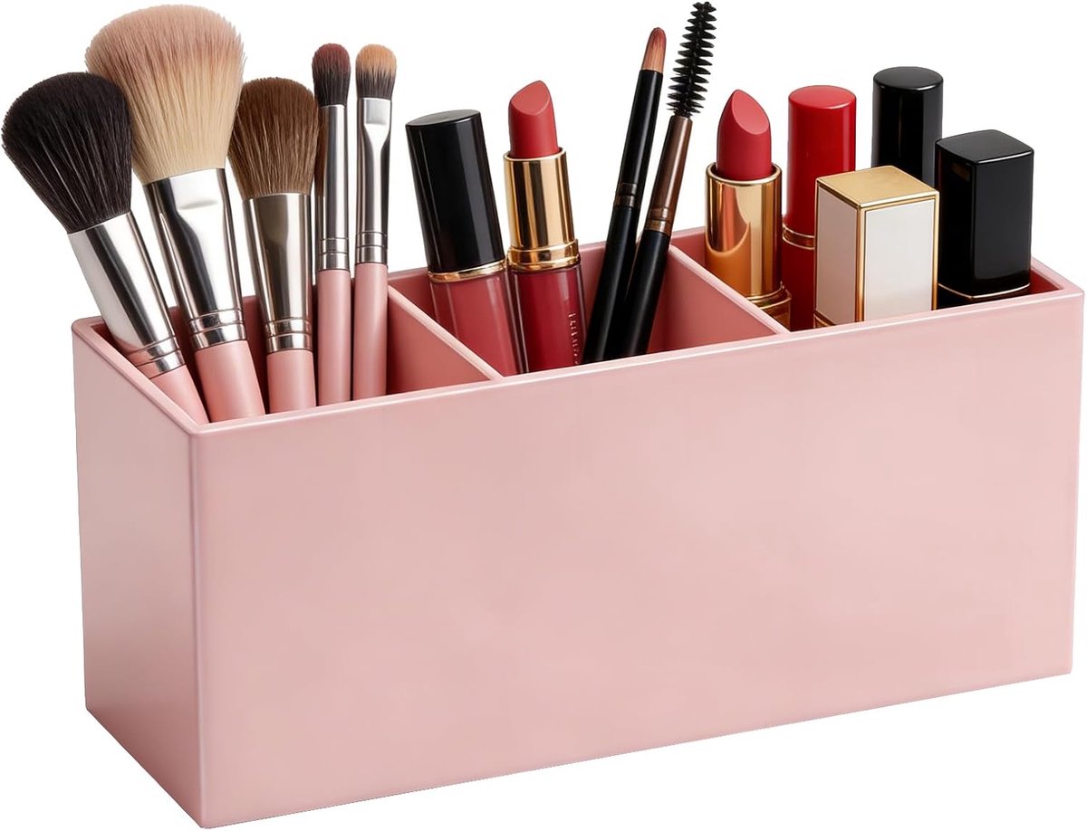 Cosmetische borstelhouder met 3 vakken, acryl make-up penselen, organizer voor kwasten, eyeliner, lippenstift, borstels (roze)