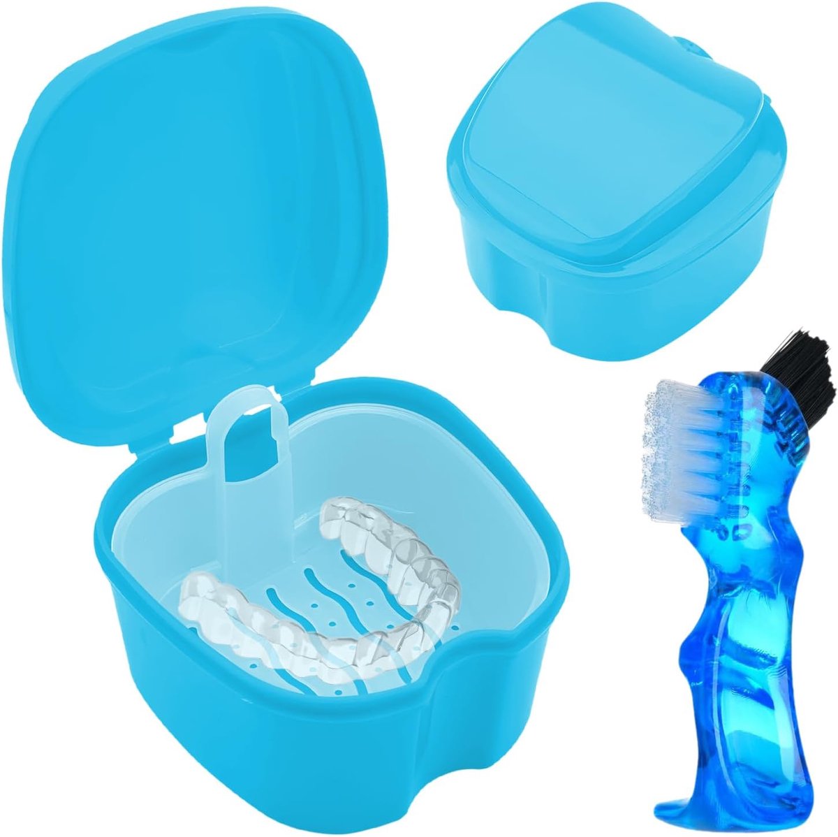 Tandprothesenbox met prothesenborstel, prothesendose, tandrailbox, tandheelkundige pod, beugeldoos, onzichtbare beugeldoos, opbergdoos voor houder, reinigingsdoos