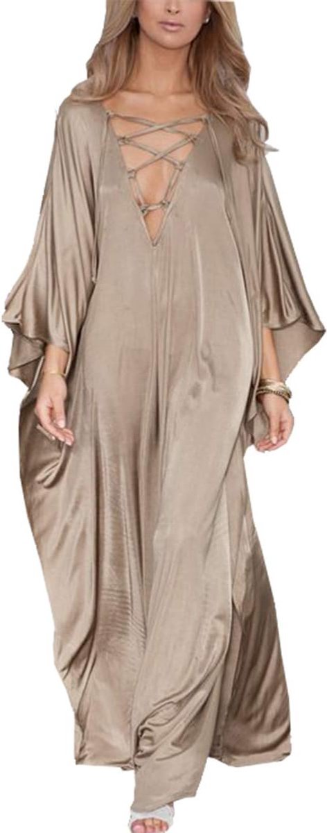 Bohovest voor vrouwen, ruimvallende loungekleding, kaftan, maxistrandjurk, gewaad, Een gouden, one size