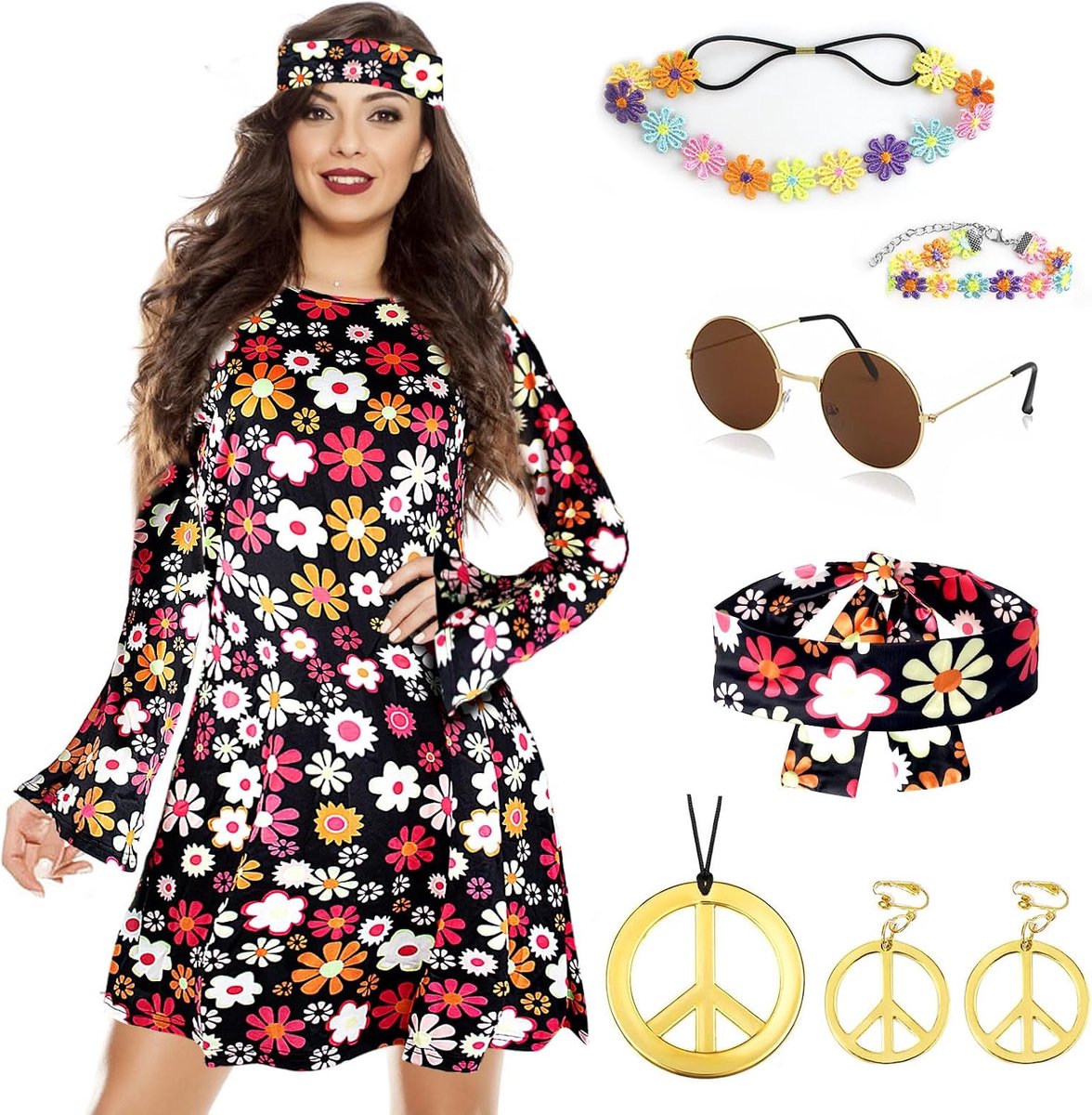Jaren 70-kleding voor dames, jaren 60-kostuum, hippiekostuum voor dames, jaren 60, 70, kostuum, carnaval, cosplay, feest