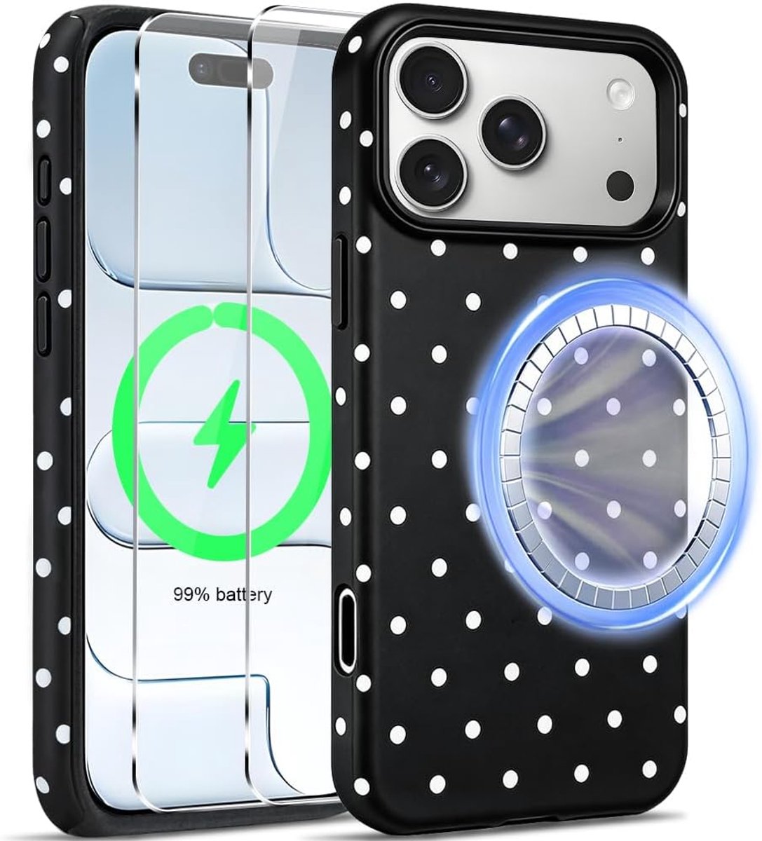 Beschermhoes voor iPhone 1 Pro Max met 2 delen van gehard glas, mat design met stippen, esthetische achterkant, met bumper van dun PC + TPU, zachte case