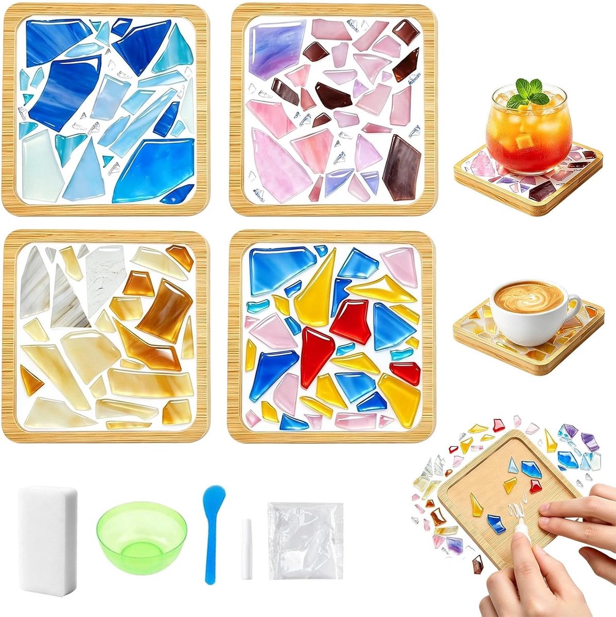 4 mozaïeksets voor volwassenen, doe-het-zelf mozaïek onderzetters, vierkante mozaïekonderzetters, knutselset van bamboe, geschikt voor drankborden en decoratieve dienbladen