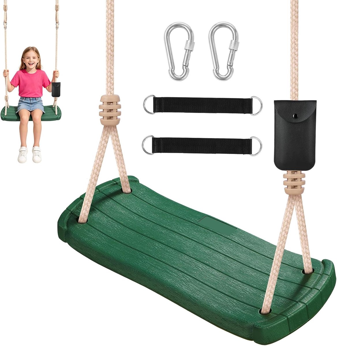Kinderboomschommel met boomriemen en karabijnhaken, robuuste ergonomische rechte schommel voor achtertuin, binnen en buiten touwschommel, 250 lbs, groen
