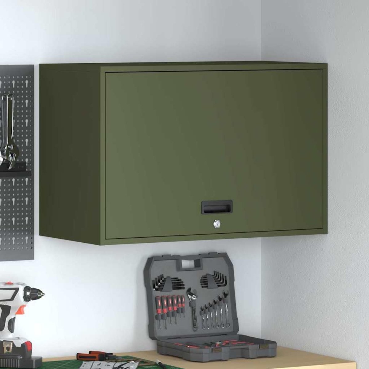 Wandkast voor Garage Olijfgroen 80 x 40 x 53 cm Muurkast Staal Vergrendelbaar Opbergkast Muurbevestiging Ruimtebesparend voor Woonkamer Slaapkamer