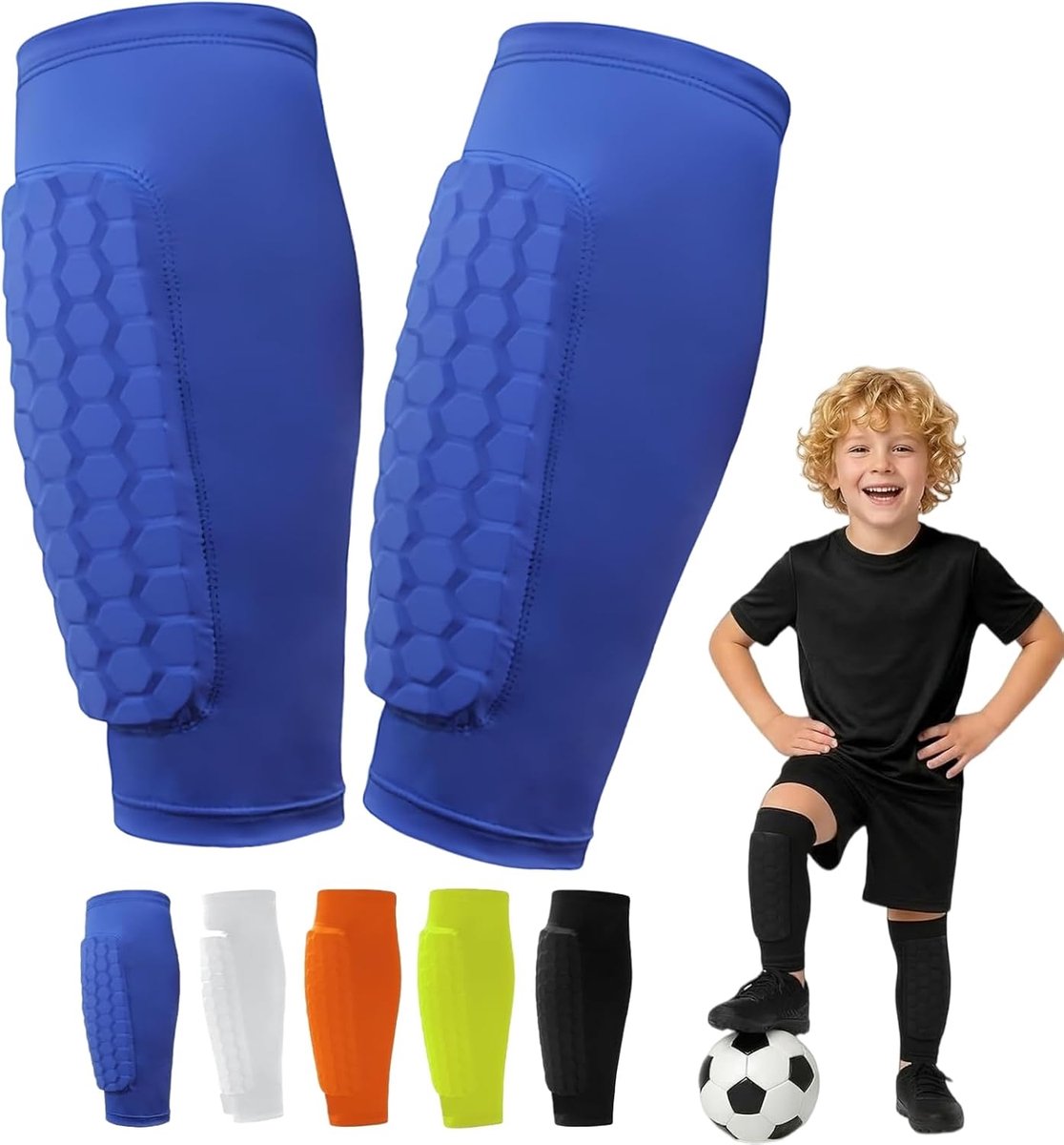 Scheenbeschermers voor Kinderen en Volwassenen, Ademend en Antislip, Voetbal met Honingraatstructuur, professionele schokbestendige met compressie