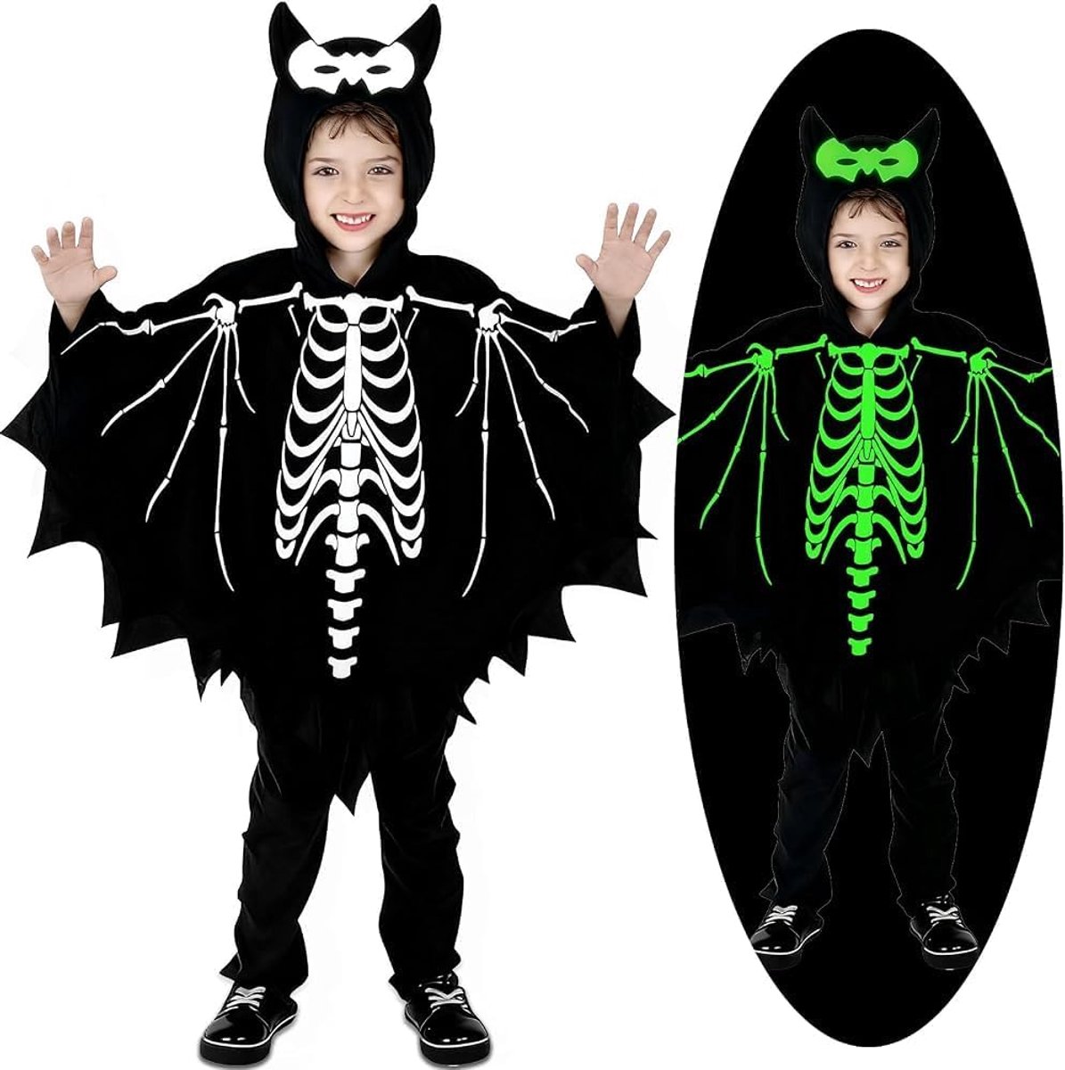 Vleermuiskostuum voor kinderen, skeletkostuum voor kinderen, Glow in The Dark, vampier, vleermuis, cape voor Halloween, griezelfeest, carnaval, cosplay (voor maat 120-130 cm)