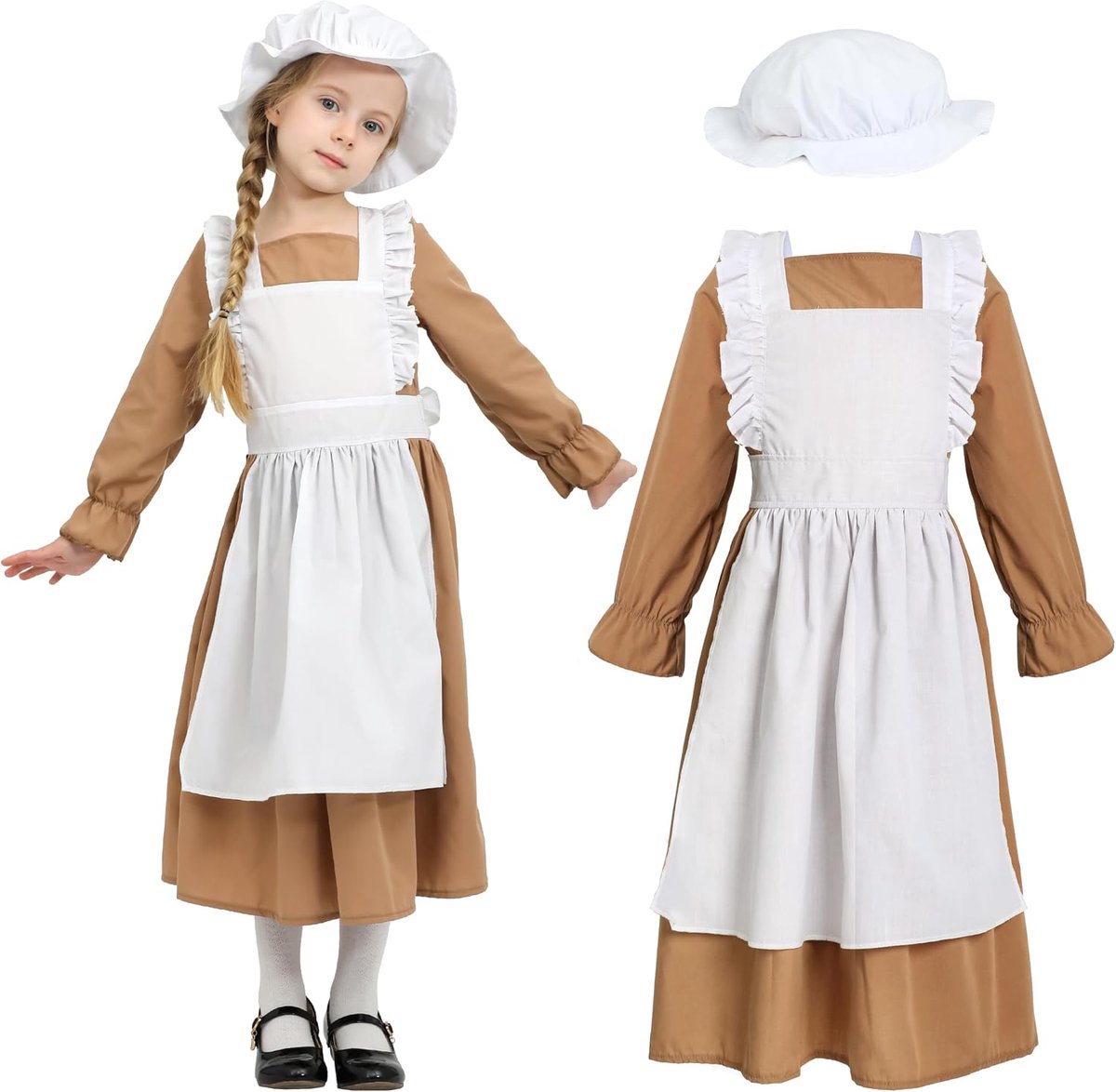 Victoriaanse meisje kostuum voor meisjes, Victoriaanse dorp middeleeuwse outfit met jurk en hoed, Kids Prairie Vintage Fancy jurk voor leeftijd 4-12