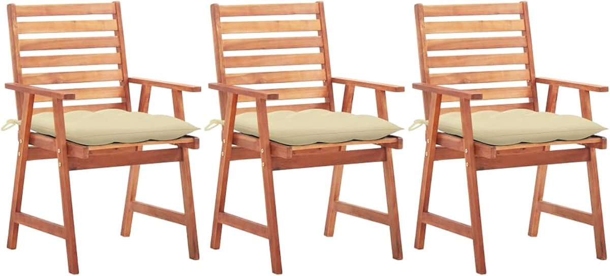 Stoelen, eetkamer voor tuin, 3 stoelen voor buiten, terras, balkon, massief hout, acacia en kussen, crème