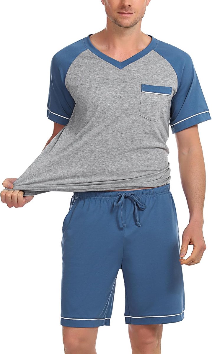 Zomerpyjama voor heren, katoen, pyjamaset met korte mouwen en broek, korte pyjama, 2-delig, met zakken, S-XXL