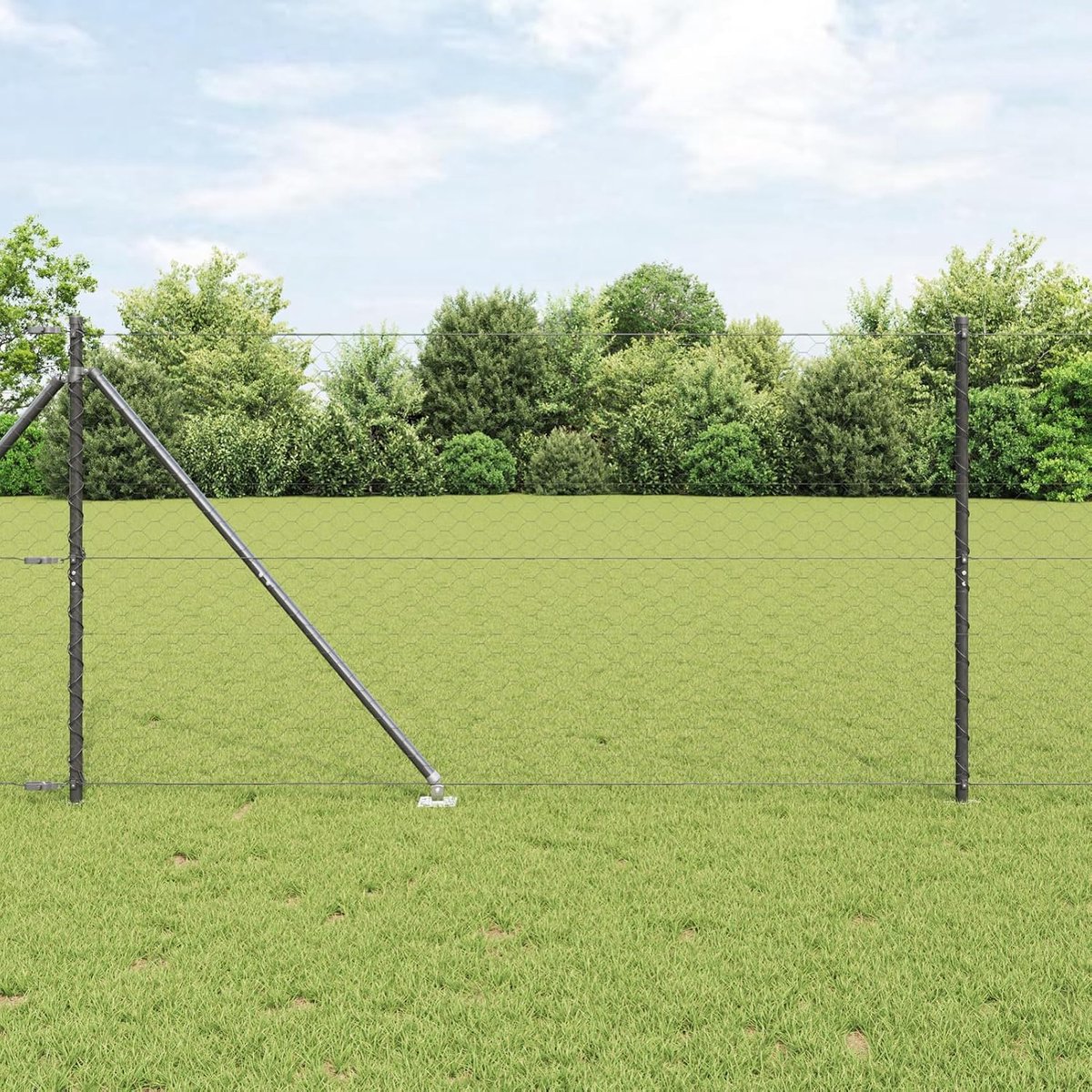 Zeshoekige omheining, grijs, 1,2 x 10 m, staal, hekpalen met spikes, 7 stuks, Ø 32 mm, 140 cm, verzinkt staal, tuinhek, draadomheining voor hekken, groentebedden, kippenren, weideperceel