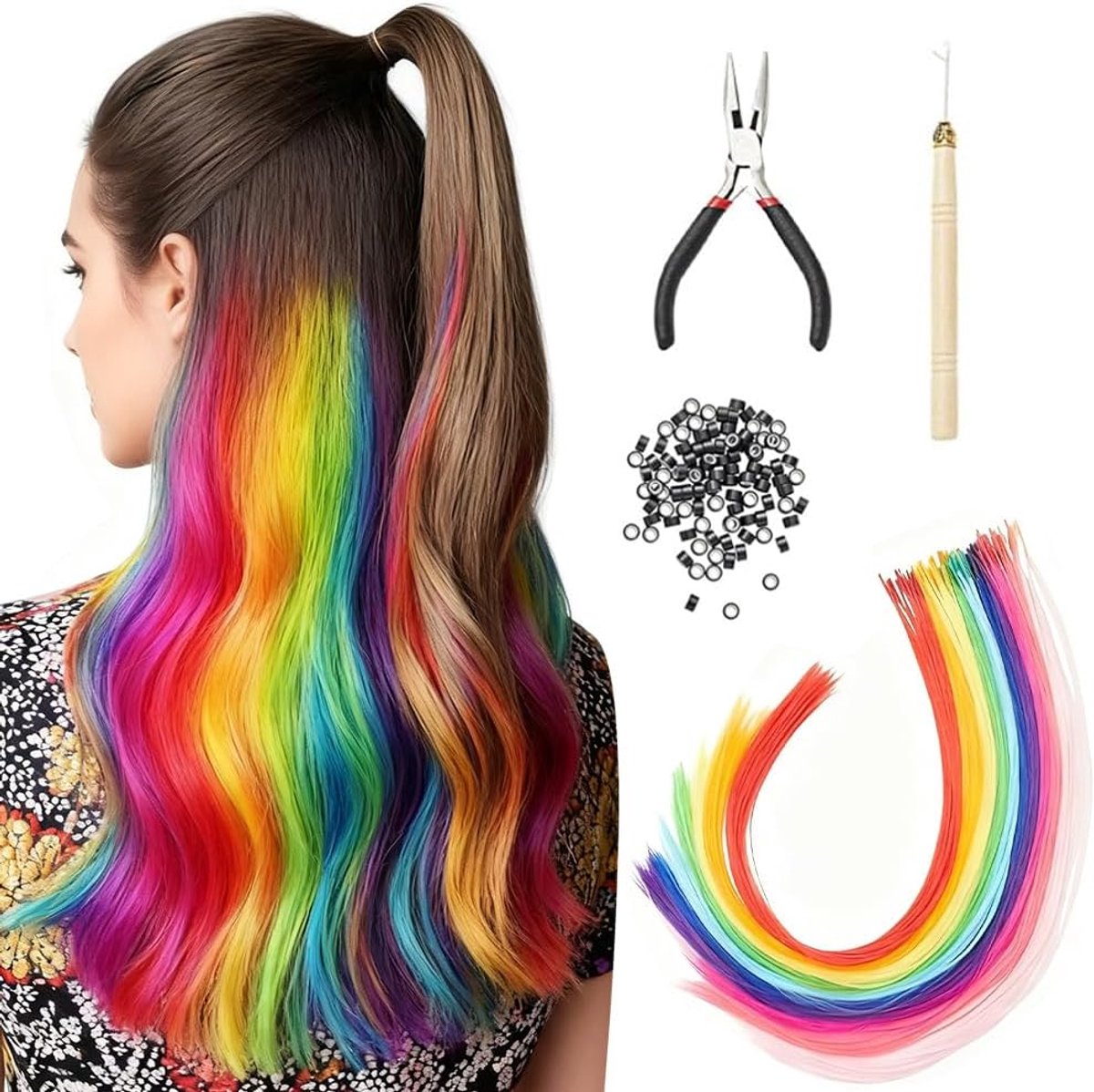 Haarverlengingset, 100 stuks, haarstrengen om vast te klemmen met tang en parels, gekleurde haarstrengen voor kinderen en vrouwen, haarverlenging voor feestjes, festivals, decoratie