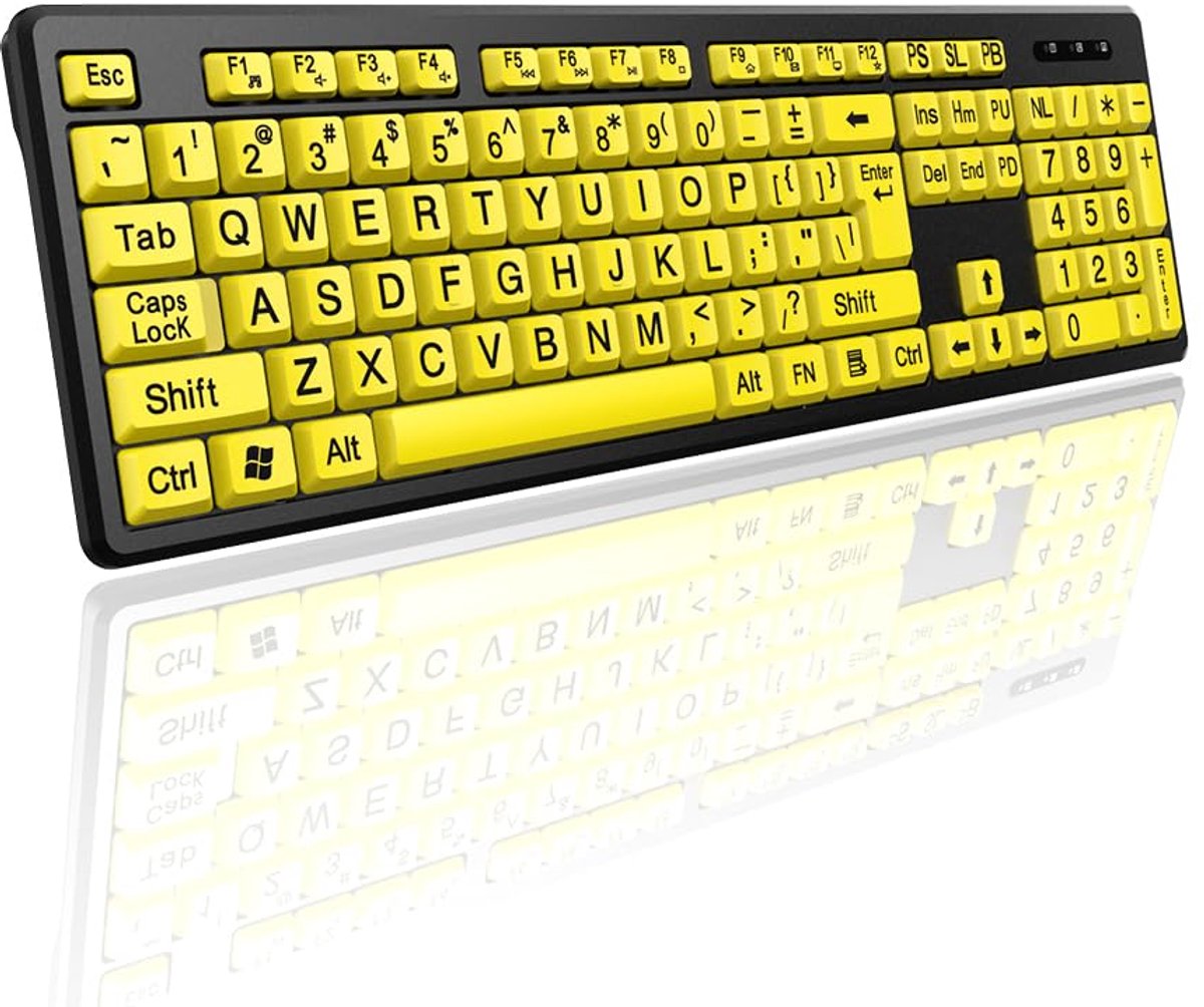 USB-toetsenbord met grote bron, compatibel met 10/8/7, testtype, snel en stil, gele toetsen, hoog contrast voor ouderen en slechtzienden met